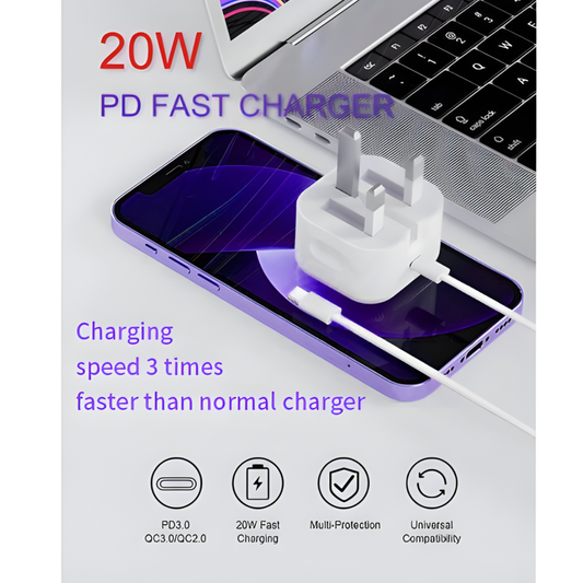 USB-C Charger & Plug for iPhone 15/16/17 – with 1M Braided USB-C to USB-C Cable (20W PD)
