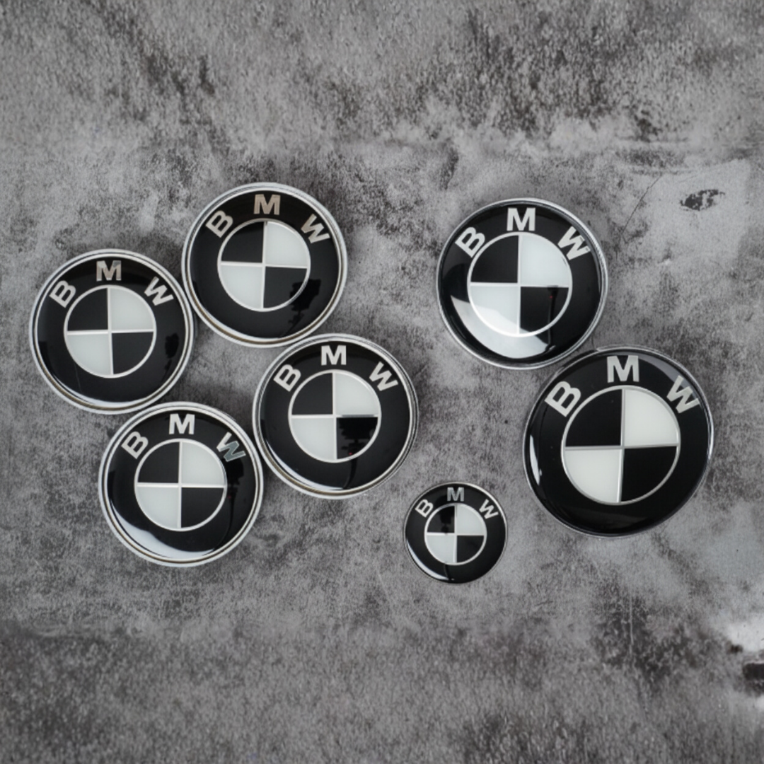 7-Piece BMW Carbon Grey Emblem Badge Set (Bonnet, Boot, Wheels, Steering) 82mm, 74mm, 56mm, 45mm