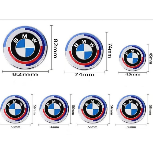 7-Piece BMW Emblem Set with Black/Sport Ring - 82mm, 74mm, 56mm, 45mm