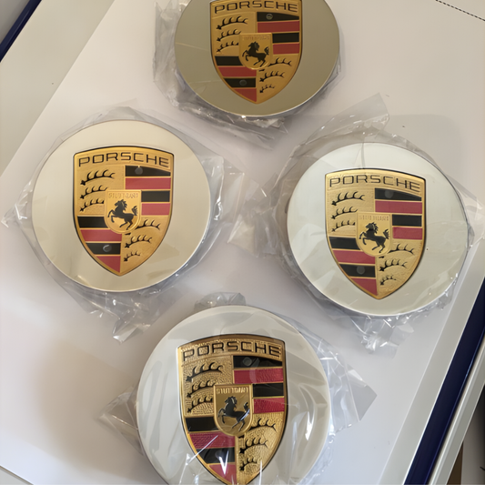 4x Porsche Wheel Centre Caps Cover 65MM Hub Badge Emblem Protector (Silver/Black)
