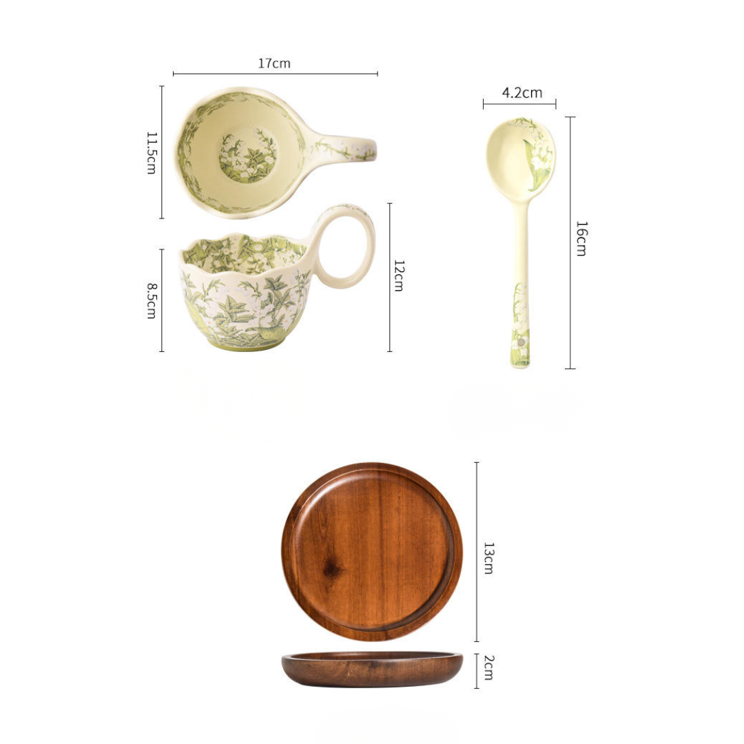 Modern "Lily of the Valley" Ceramic Mug, Spoon & Saucer Set (450ml)