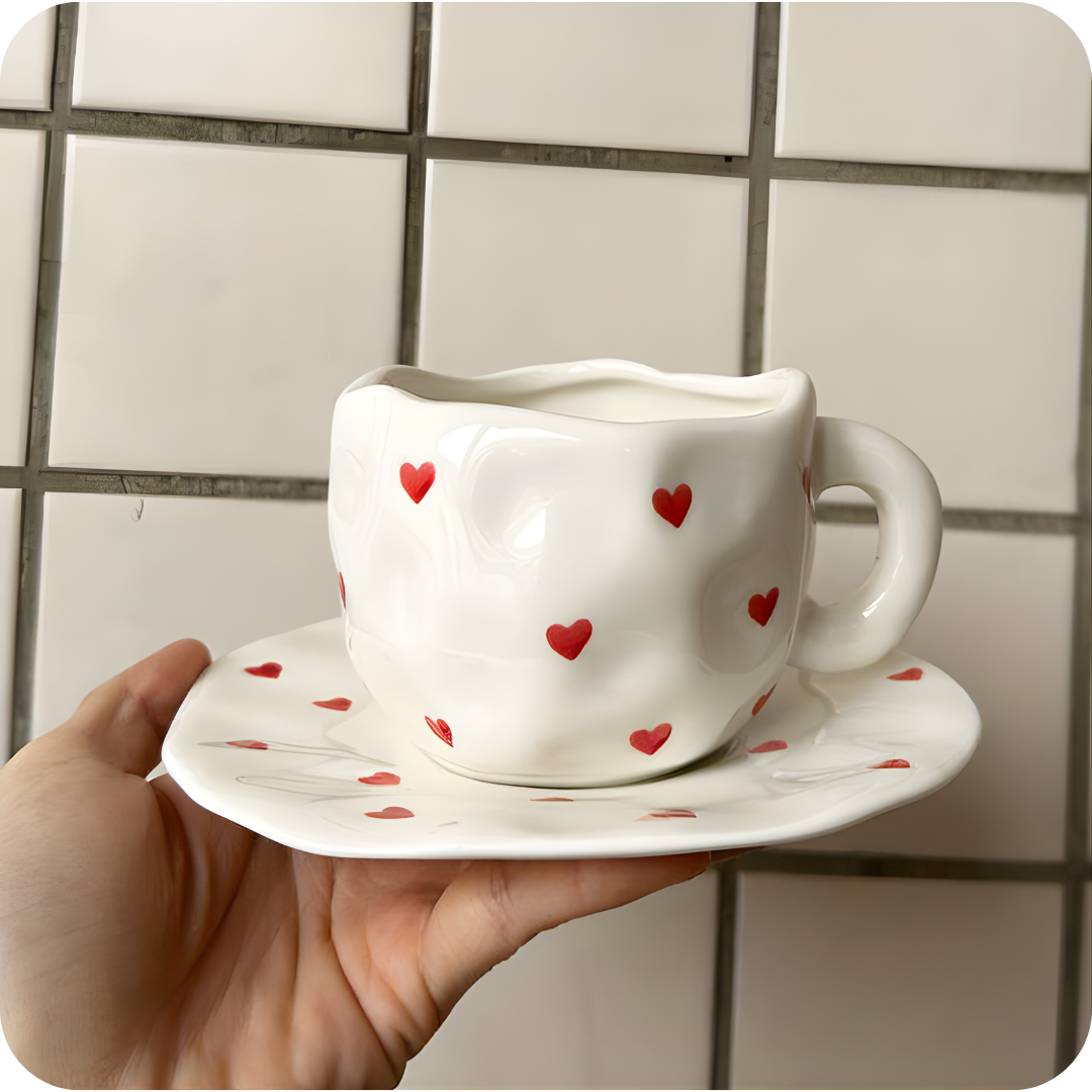 Creative Hand-Painted Heart Mug and Saucer Set (400ml)