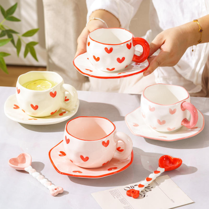 Creative Hand-Painted Heart Mug and Saucer Set (400ml)