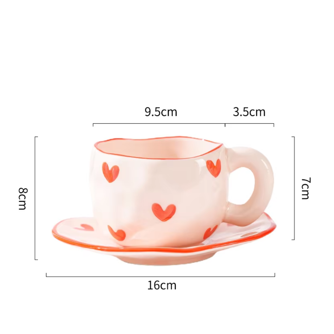 Creative Hand-Painted Heart Mug and Saucer Set (400ml)