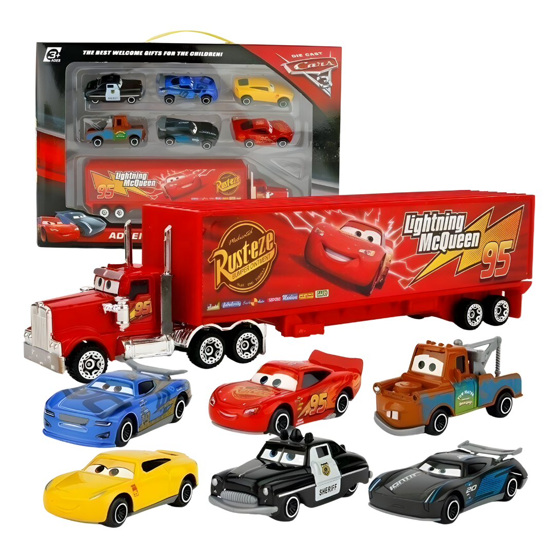 Disney Pixar Cars 2 Mack Transporter & Lightning McQueen Toy Set – 7 Pieces