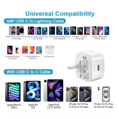USB Type C Plug iPhone USBC Fast Charger UK Wall Head Compatible with iPhone 17 Pro Max Air 16e 16 Plus Pro Max 15 14 13 12 11 SE XR XS 8 Apple Watch iPad Pro Mini Air