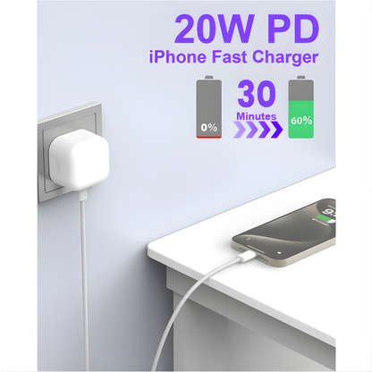 USB-C Charger & Plug for iPhone 15/16/17 – with 1M Braided USB-C to USB-C Cable (20W PD)