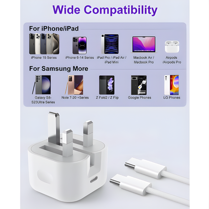 USB-C Charger & Plug for iPhone 15/16/17 – with 1M Braided USB-C to USB-C Cable (20W PD)