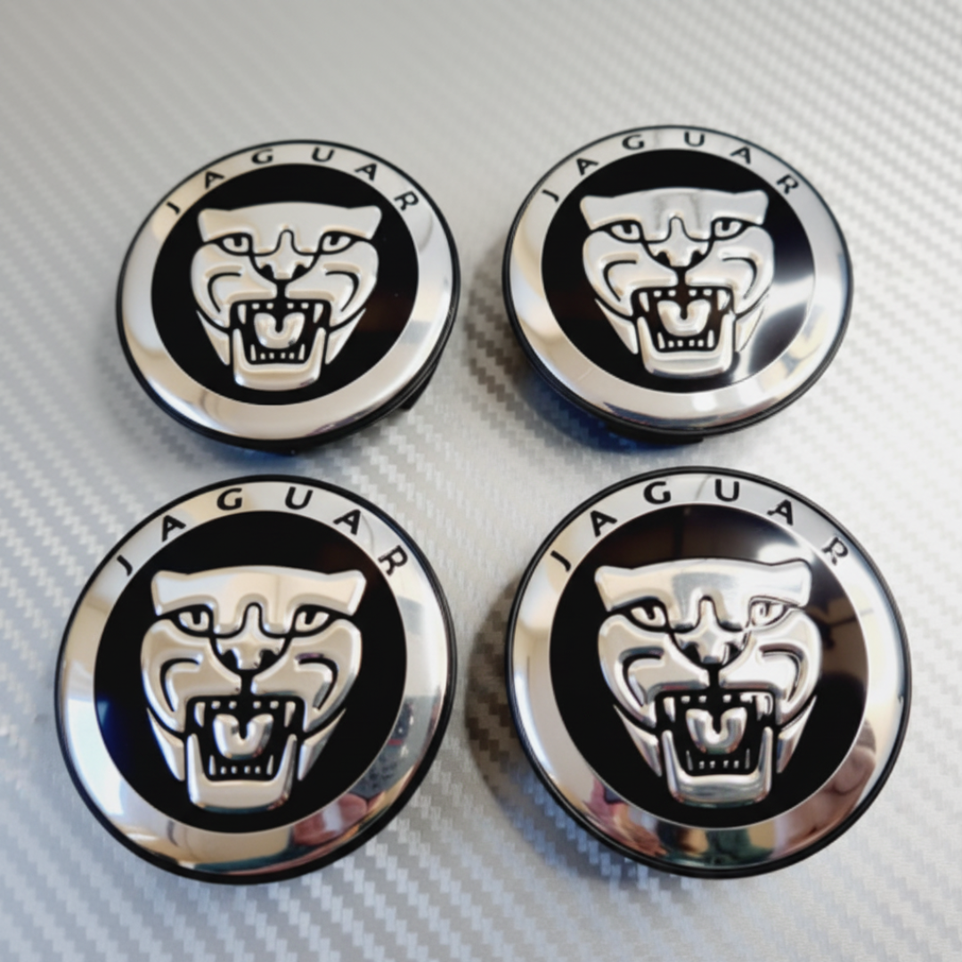 4x Jaguar Growler Alloy Wheel Centre Caps - Black 58mm