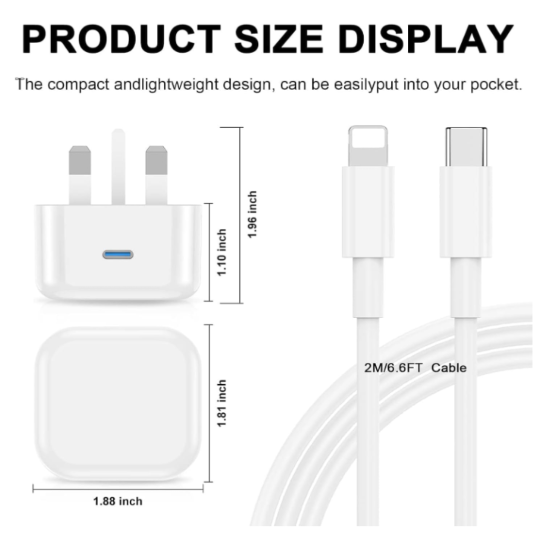20W iPhone Charger – Apple MFi Certified (USB-C to Lightning, 2M Cable)
