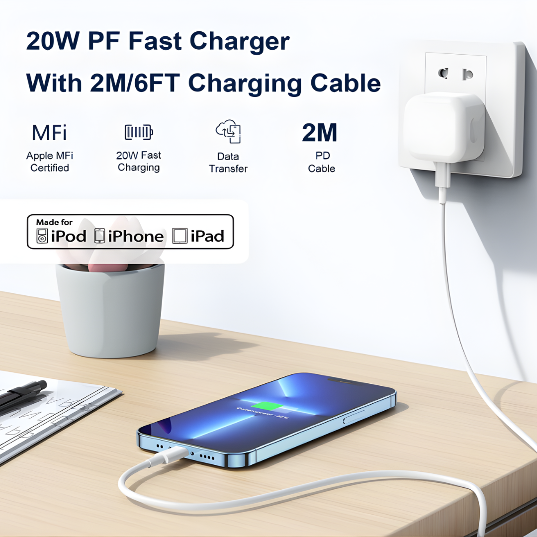 20W iPhone Charger – Apple MFi Certified (USB-C to Lightning, 2M Cable)