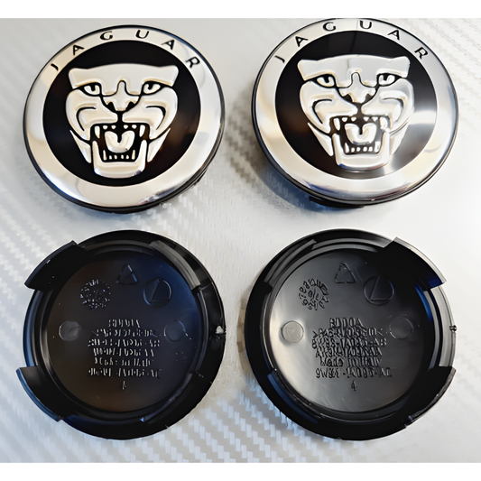 4x Jaguar Growler Alloy Wheel Centre Caps - Black 58mm