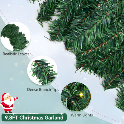 3M/9.8FT Pre-Lit Christmas Garland with 50 Warm LED Lights