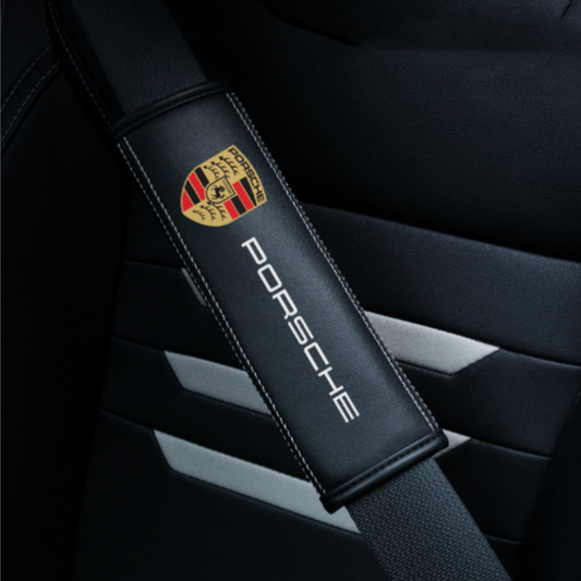 2pcs Black Car Seat Belt Real-Leather Shoulder Pads Cushion For Car Logo