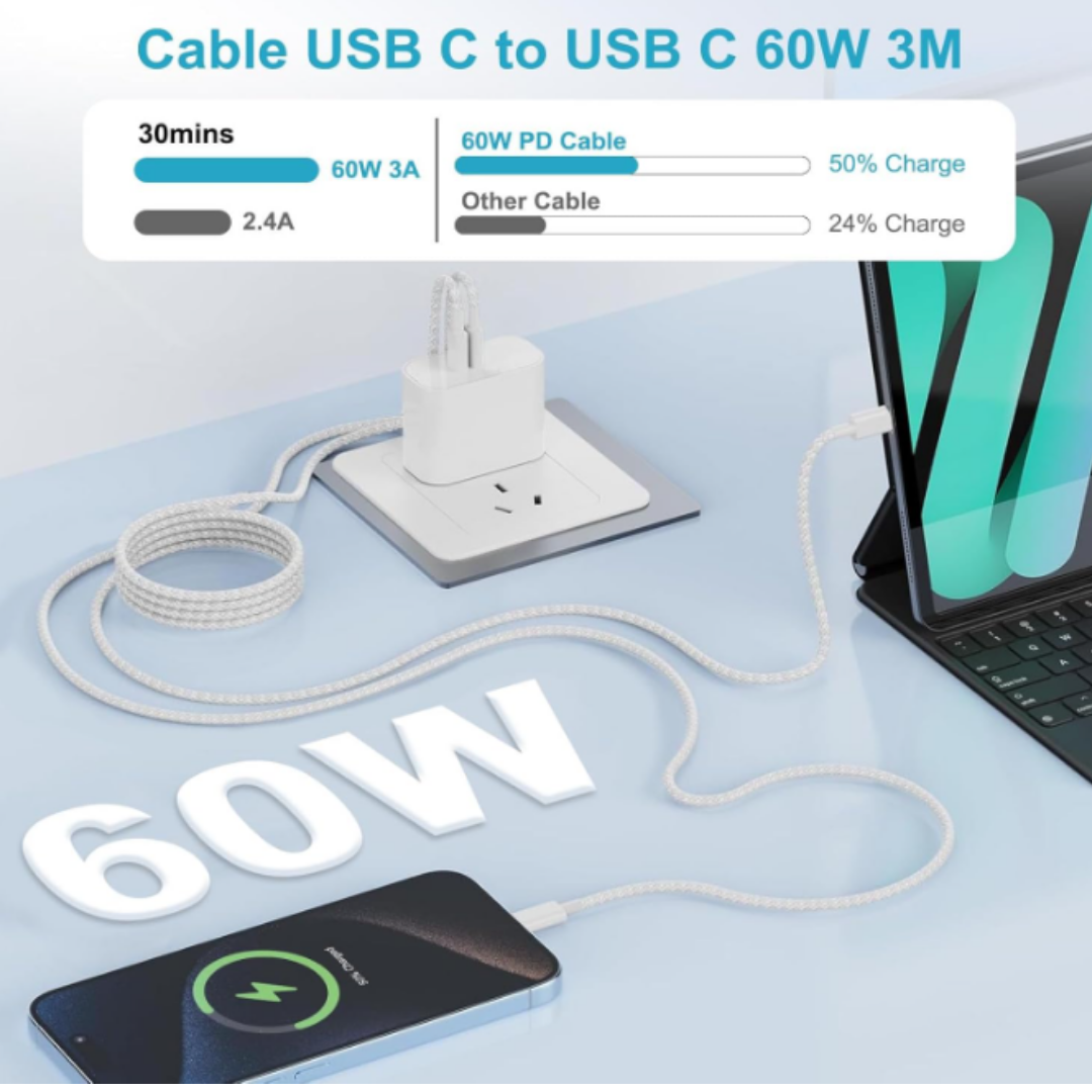 USB-C to USB-C Charger Cable 3M – 60W / 100W Fast Charging (For iPhone 15/16/17, iPad, Samsung, Android, USB-C Devices) Smartphone