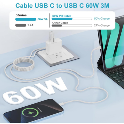 USB-C to USB-C Charger Cable 3M – 60W / 100W Fast Charging (For iPhone 15/16/17, iPad, Samsung, Android, USB-C Devices) Smartphone