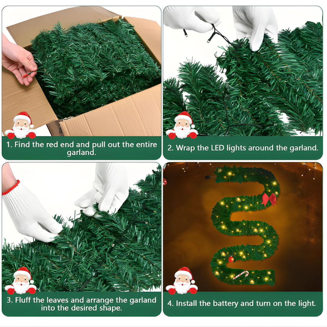 3M/9.8FT Pre-Lit Christmas Garland with 50 Warm LED Lights