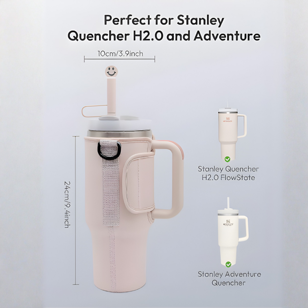 Water Bottle Carrier Bag + Straw cover Compatible with Stanley 30/40oz Tumbler with Handle & Adjustable Shoulder Strap