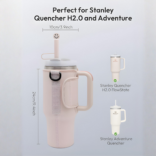 Water Bottle Carrier Bag + Straw cover Compatible with Stanley 30/40oz Tumbler with Handle & Adjustable Shoulder Strap