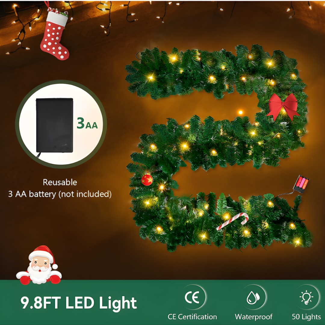 3M/9.8FT Pre-Lit Christmas Garland with 50 Warm LED Lights