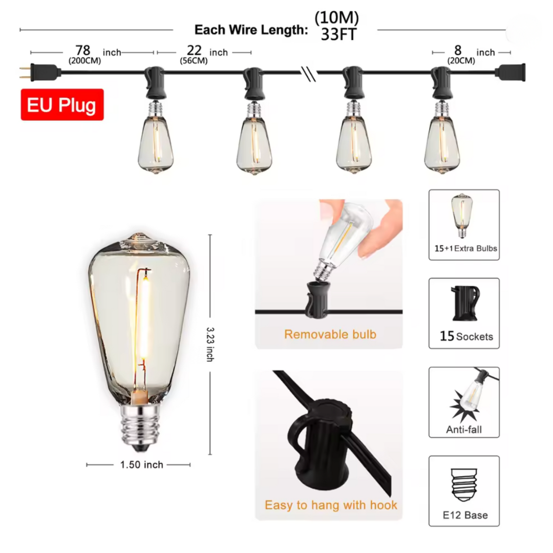 Heavy-Duty IP65 Waterproof LED String Lights, Connectable (7.6M/10M/15M/20M)