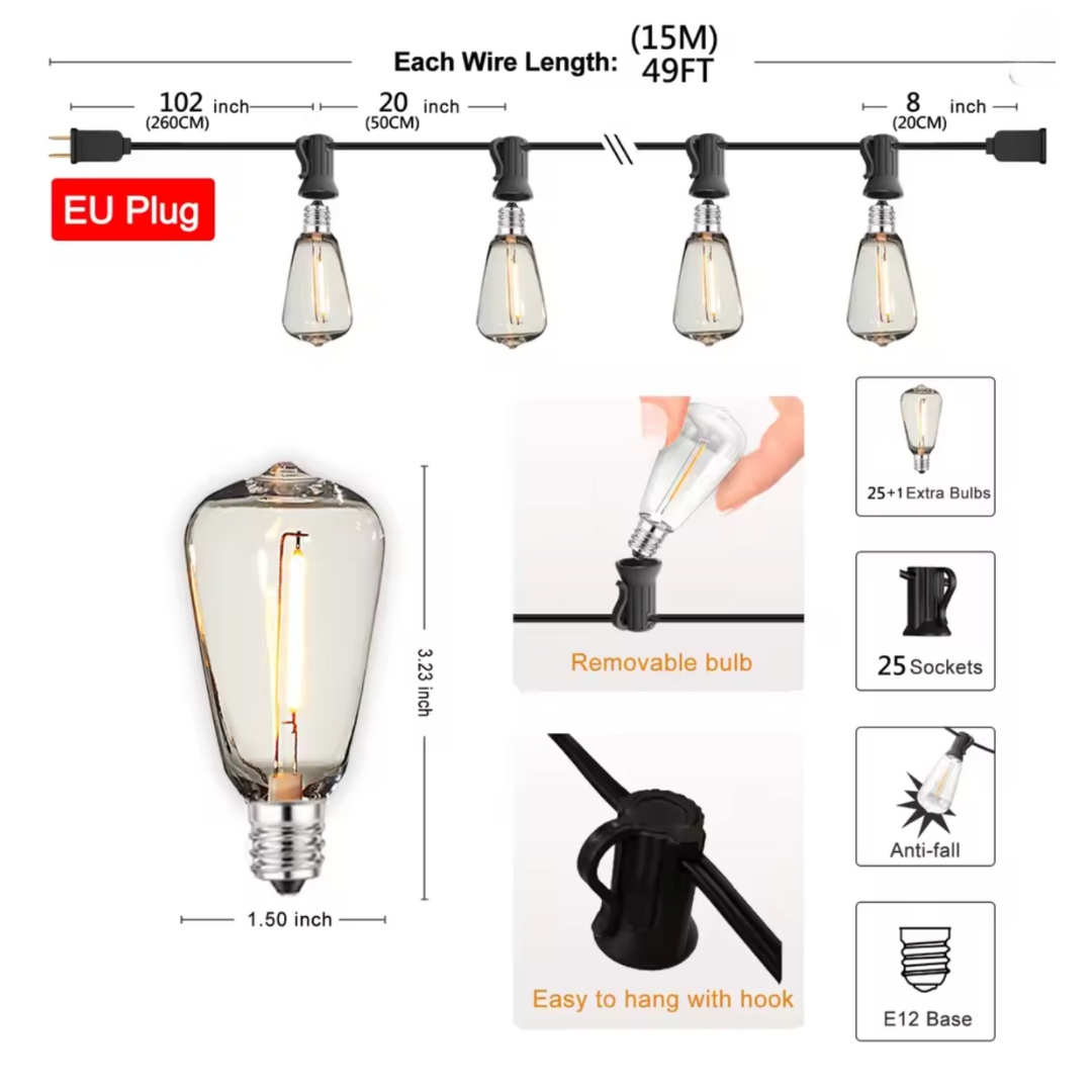 Heavy-Duty IP65 Waterproof LED String Lights, Connectable (7.6M/10M/15M/20M)