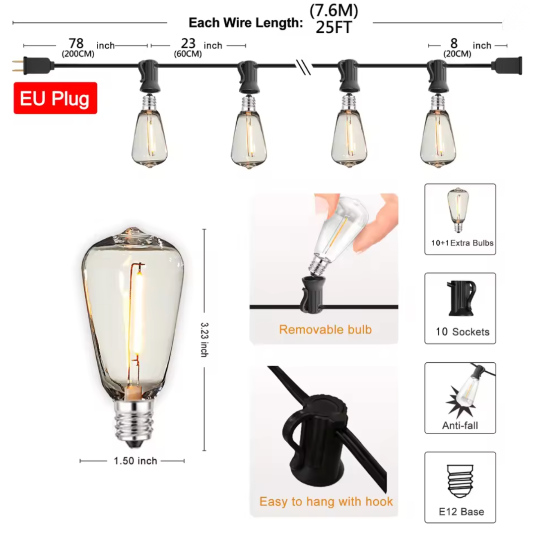 Heavy-Duty IP65 Waterproof LED String Lights, Connectable (7.6M/10M/15M/20M)