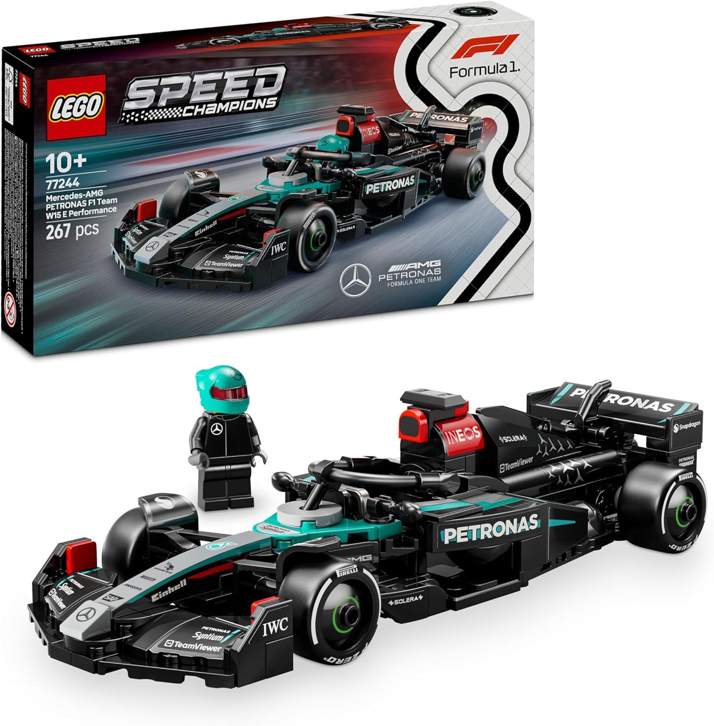LEGO Speed Champions Mercedes-AMG F1 W15 Race Car Toy with Collectible Driver Minifigure Model Kits for 10+ Year Old Boys Girls or Adult Motorsport Fans 77244