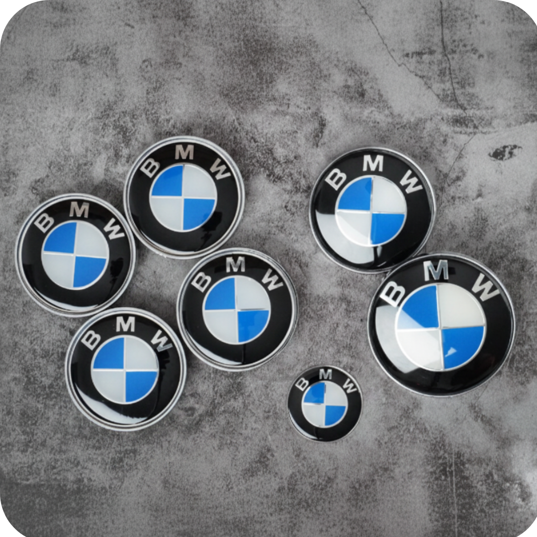7-Piece BMW Carbon Grey Emblem Badge Set (Bonnet, Boot, Wheels, Steering) 82mm, 74mm, 56mm, 45mm