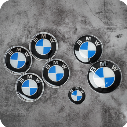 7-Piece BMW Carbon Grey Emblem Badge Set (Bonnet, Boot, Wheels, Steering) 82mm, 74mm, 56mm, 45mm