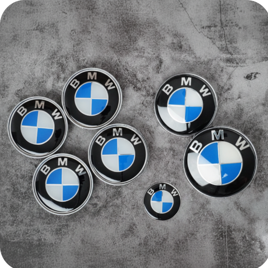 7-Piece BMW Carbon Grey Emblem Badge Set (Bonnet, Boot, Wheels, Steering) 82mm, 74mm, 56mm, 45mm