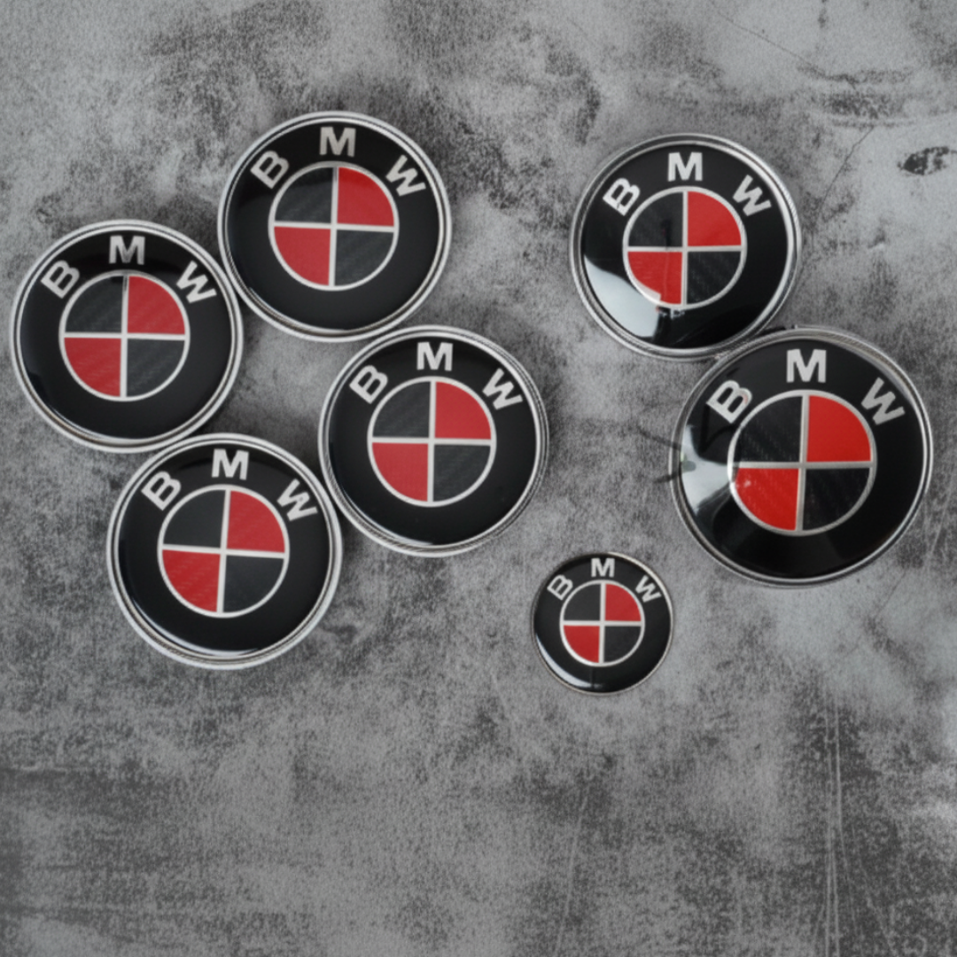 7-Piece BMW Carbon Grey Emblem Badge Set (Bonnet, Boot, Wheels, Steering) 82mm, 74mm, 56mm, 45mm