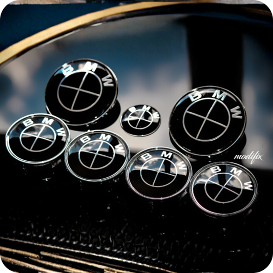 7-Piece BMW Emblem Set with Black/Sport Ring - 82mm, 74mm, 56mm, 45mm